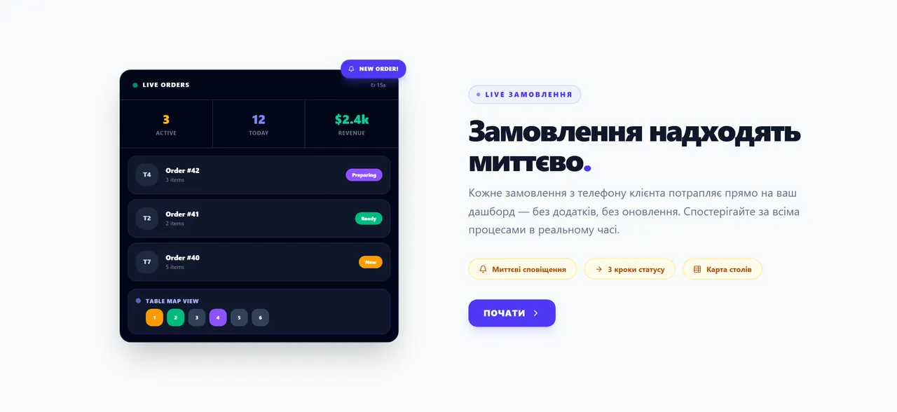 Дашборд Qrenza із замовленнями в реальному часі та картою столів